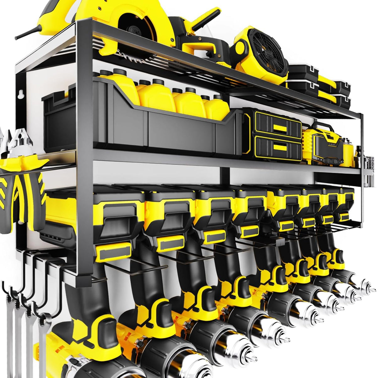 Large Power Tool Organizer Wall Mount for Fathers Dad, 3 Extra Large Layers Heavy Duty Metal Garage Organization Loads 300lbs with 8 Cordless Drill Holder, Power Tool Shelf for Workshop, Utility Racks