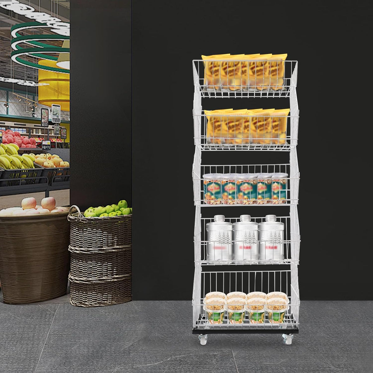 Retail Display Rack 5-Tier Market Merchandise Display Shelf Fruit Store Storage Shelf Vegetable Snack Basket Retail Store Supplies with Wheels for Home Store Market (18" D X 19" W X 55" H- White)