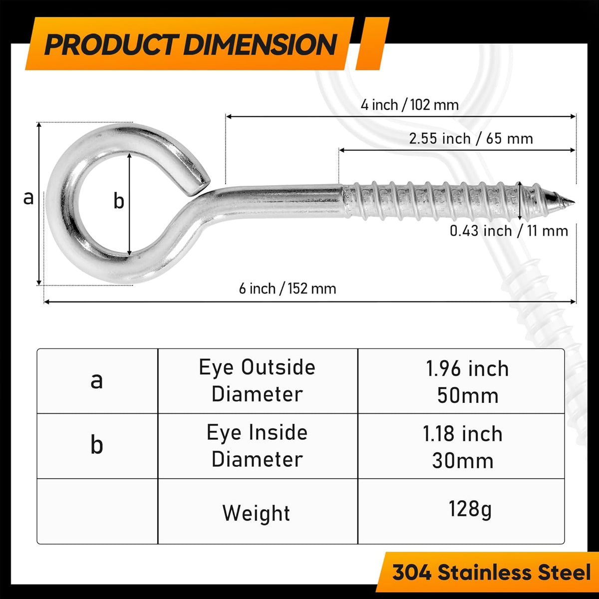 2Pcs 6 Inch Heavy Duty Screw Eyes Hooks, 304 Stainless Steel Self Tapping Eyelet Screw Eye Bolts,800LBS Breaking Strength, Screw in Eye Hooks for Wood Securing Cables Wire. (2, M10-6 Inch)