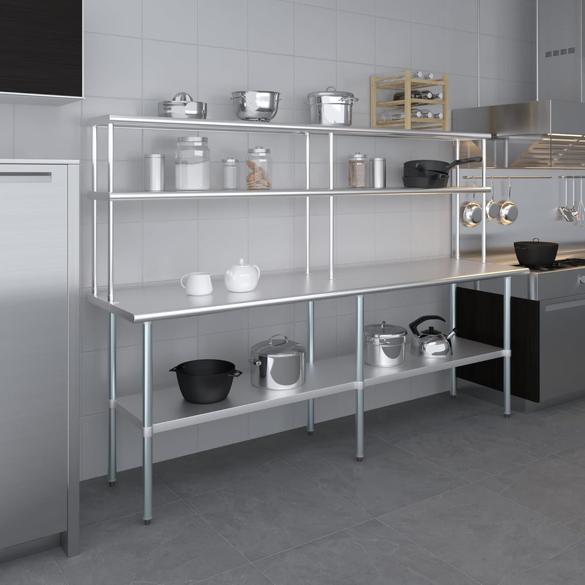 Amgood Stainless Steel Work Table Double Tier Overshelf | Metal Kitchen Prep Table & Shelving Combo (24" x 96" Work Table + 12" Overshelf)