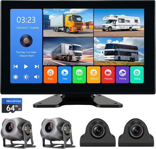 4 Channel 1080p Backup Camera Dash Cam for RV/Truck/Trailer/Van/SUV/Cars,10.2 Inch Touch Screen Quad Split Parking Monitor with DVR Recording/Playback/Bluetooth/FM Radio/Music/Video Player