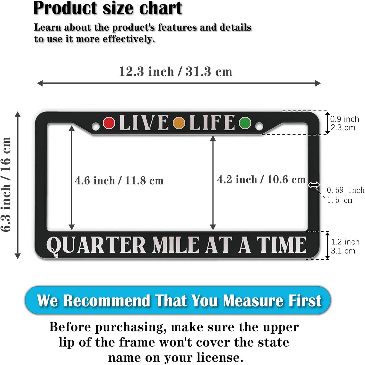License Plate Frames Black and White Fun License Plate Frame Cover Live Life, Quarter Mile at a Time Universal Aluminum Car Accessory 2 Pack with Screw Covers Set