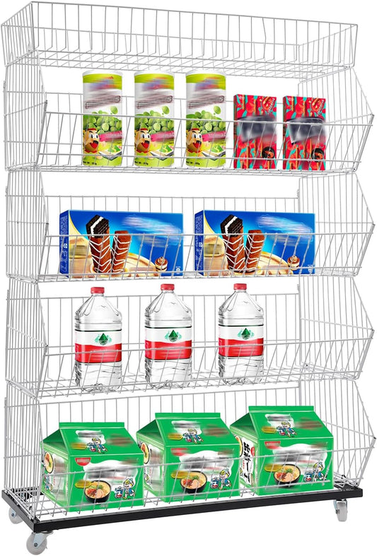 Retail Display Rack 5-Tier Market Merchandise Display Shelf Fruit Storage Shelf Vegetable Snack Basket Retail Store Supplies with Wheels for Home Store Market (18" D X 35" W X 55" H-White)