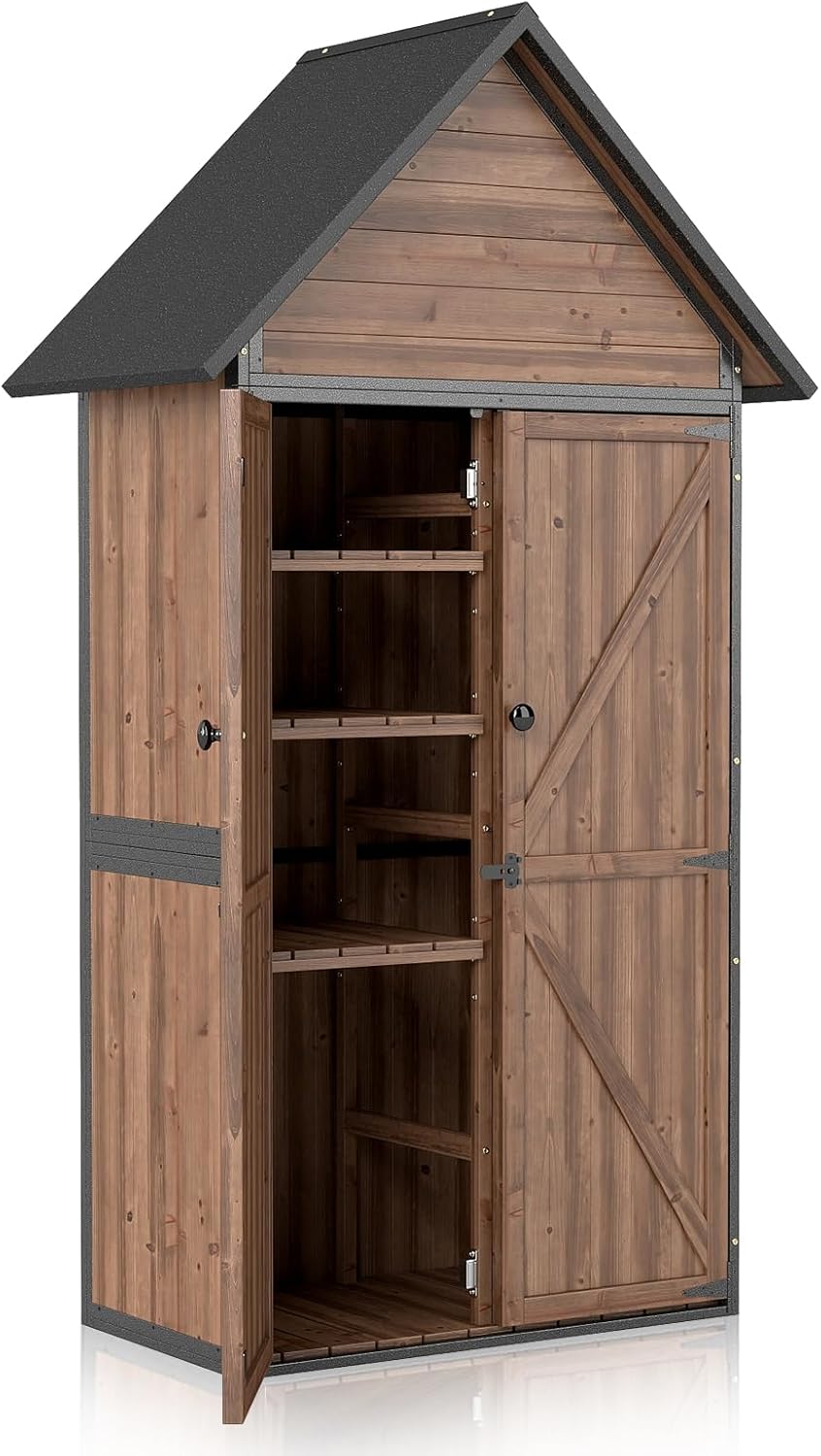 Outdoor Storage Shed with Waterproof Roof - Heavy-Duty Metal & Wood Garden Cabinet, Adjustable Shelves, Large Capacity Waterproof Design for Patio, Garage, Backyard (Dark Brown)