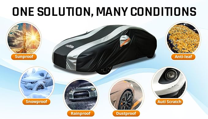 Small Car Cover Waterproof All Weather Protection with Silver Stripe Design,Universal Fit Nissan Versa, Hyundai Accent, Mazda MX-3 RX8, Subaru BRZ, Audi TT, Porsche 718 Boxster Cayman