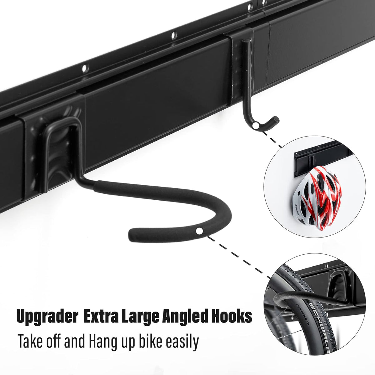 Sinoer Bicycle Wall Rack, Wall Mount for 4 Bicycles + 2 Helmets, Tool Storage Hook Adjustable for Garage or Home, Vertical Bicycle Hanger (Inner Width: 90 mm) - 2 Rails