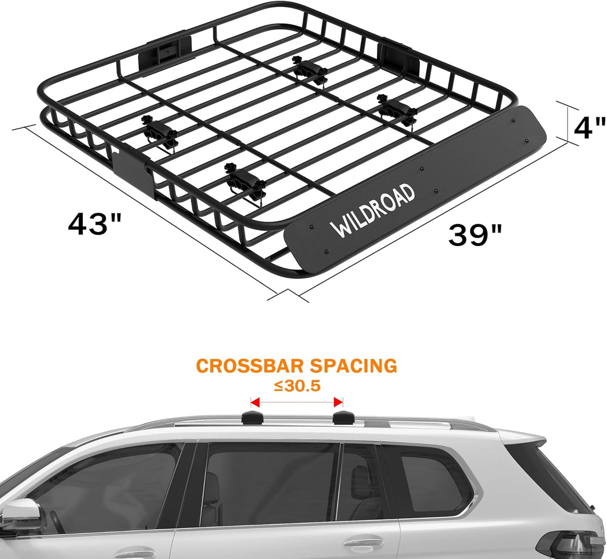 WILDROAD Roof Rack Cargo Basket, Upgraded 4” Fence Car Roof Basket, 43"x 39"x 4" Universal Car Top Luggage Holder Carrier Basket Fits for SUV Truck Cars