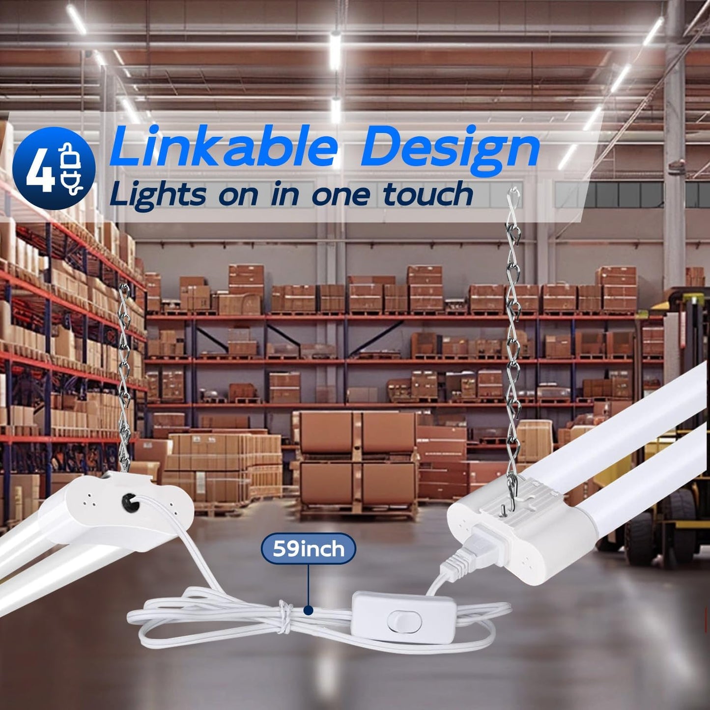 hykolity 4 Pack Linkable LED Shop Light for Garage, 2FT 22W Utility Light Fixture, 2500lm, 5000K Daylight LED Workbench Lighting with Power Cord, Hanging or Flush Mount, White - ETL