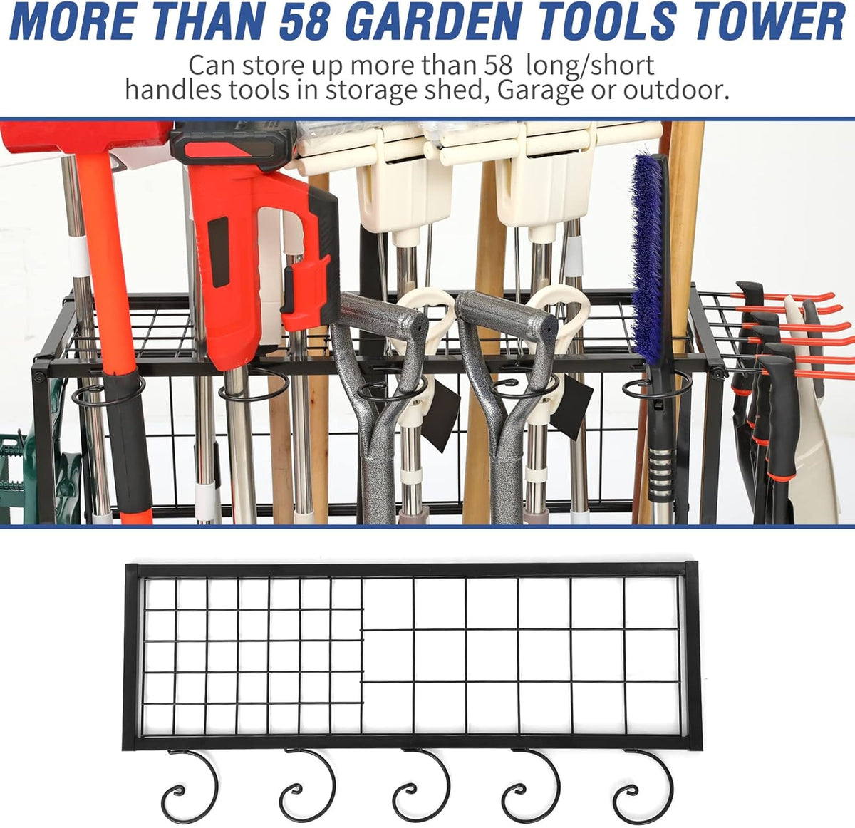 Garden Tool Organizer for Garage, Garden Tool Rack, Up to 58 Long Handled Tools, Yard Tool Holder for Garage, Shed, Outdoor, Tool Stand, Black (Garden Tool Rack)