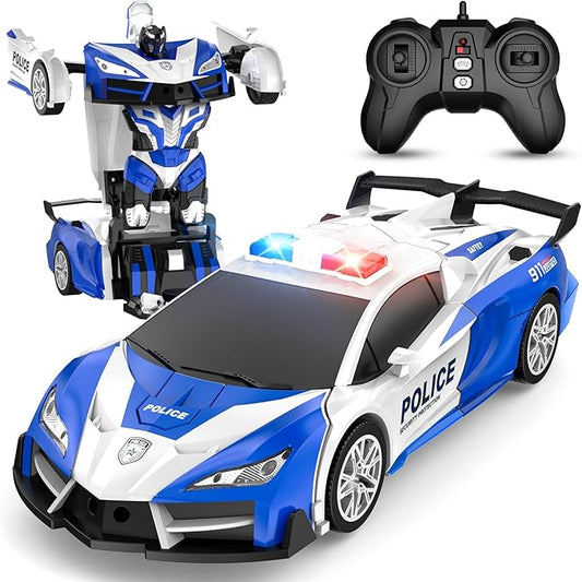 Remote Control Car for Boys 4-7, 2.4GHz RC Car 1:18 Scale, One-Button Transforming Toy with 360° Spins, LED Lights (Blue)