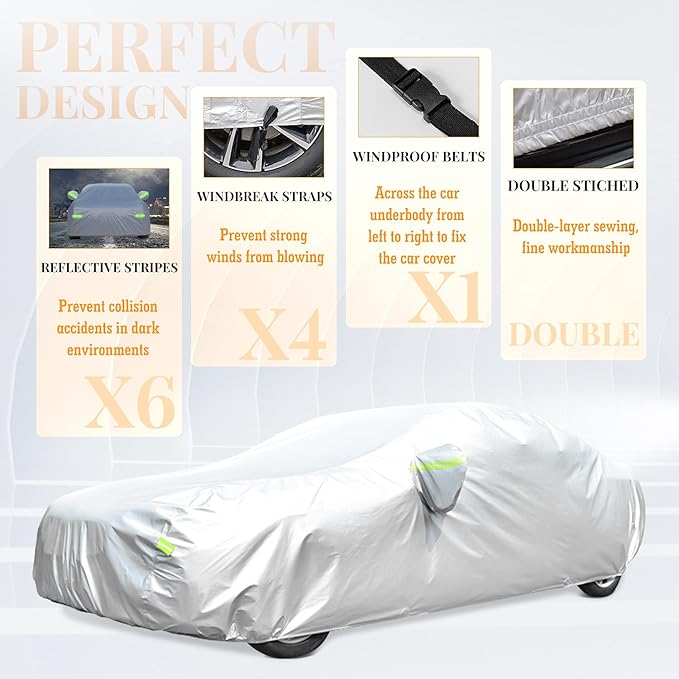 Waterproof Car Cover All Weather Snowproof UV Protection Windproof Outdoor Full car Cover, Universal Fit for Sedan (Fit Sedan Length Length 192"-208", Silver)
