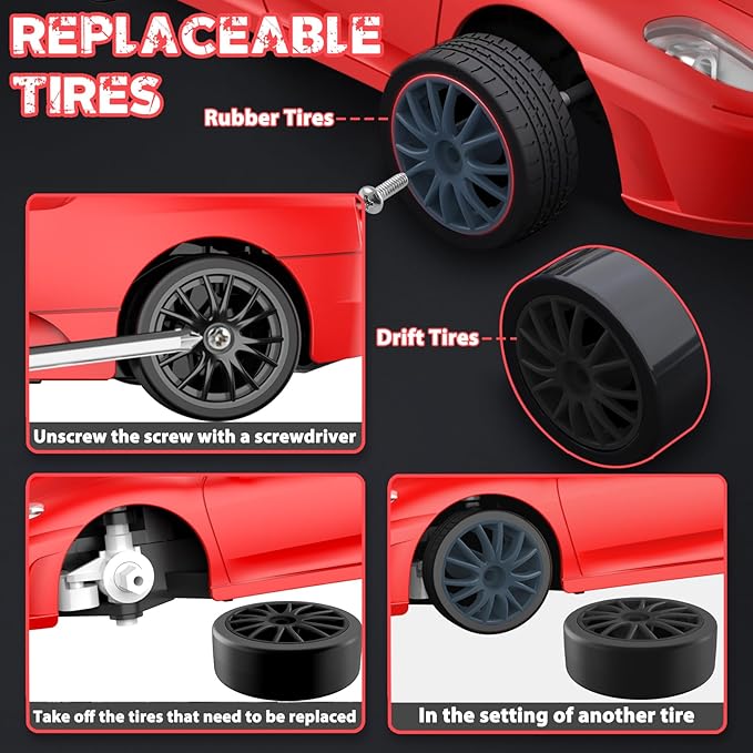 RC Drift Car, 2.4GHz Remote Control Cars 1/24 4WD High Speed Drift Car with LED Lights and Dritfing Tires Vehicle Racing Toy Cars with Two Batteries for Boys Girls Adults Kids (Red)