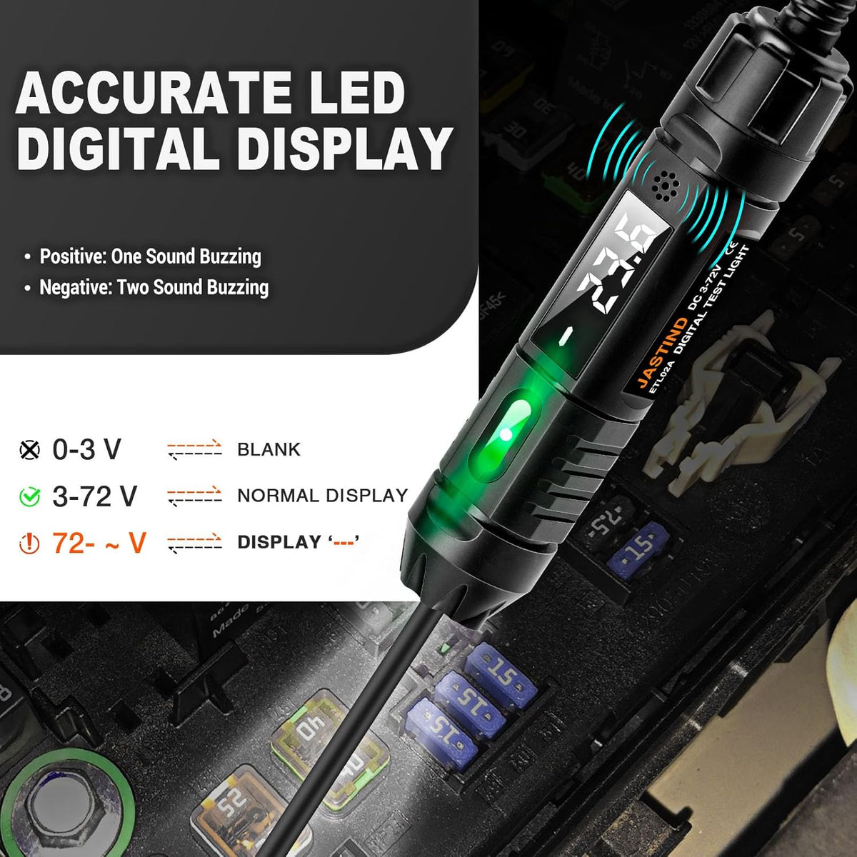 Heavy Duty 3-72V Digital LED Automotive Test Light, Circuit Tester with Polarity Indicate and Illuminating Lights, Car Truck Low DC Voltage Light Tester with Stainless Probe & 142 Inch Extended Wire