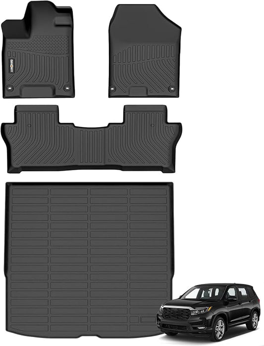 GINOWY-Floor Mats & Cargo Liner for Honda Passport 2019-2024 2025, TPE All Weather Protection Car Mats Custom Anti-Slip Trunk Mat 2025 Passport Floor Liners Waterproof Passport Accessories Black