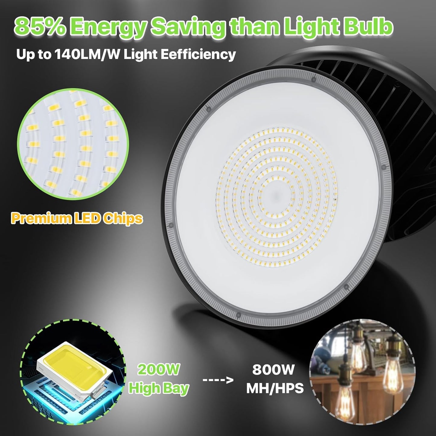 High Bay LED Shop Lights 200W - 28000LM 5000K High Bay Light, IP65 Waterproof with US Plug, Hanging Hook, 2 Pack Commercial Bay Lights for Barn, Warehouse ETL Listed