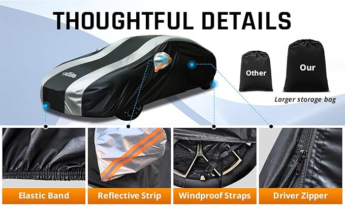 Car Cover Waterproof All Weather Protection with Silver Stripe Design,Outdoor Car Cover Universal Fit Lincoln MKZ, Chrysler 300, Tesla Model S, Cadillac CTS CT5, Dodge Challenger Charger