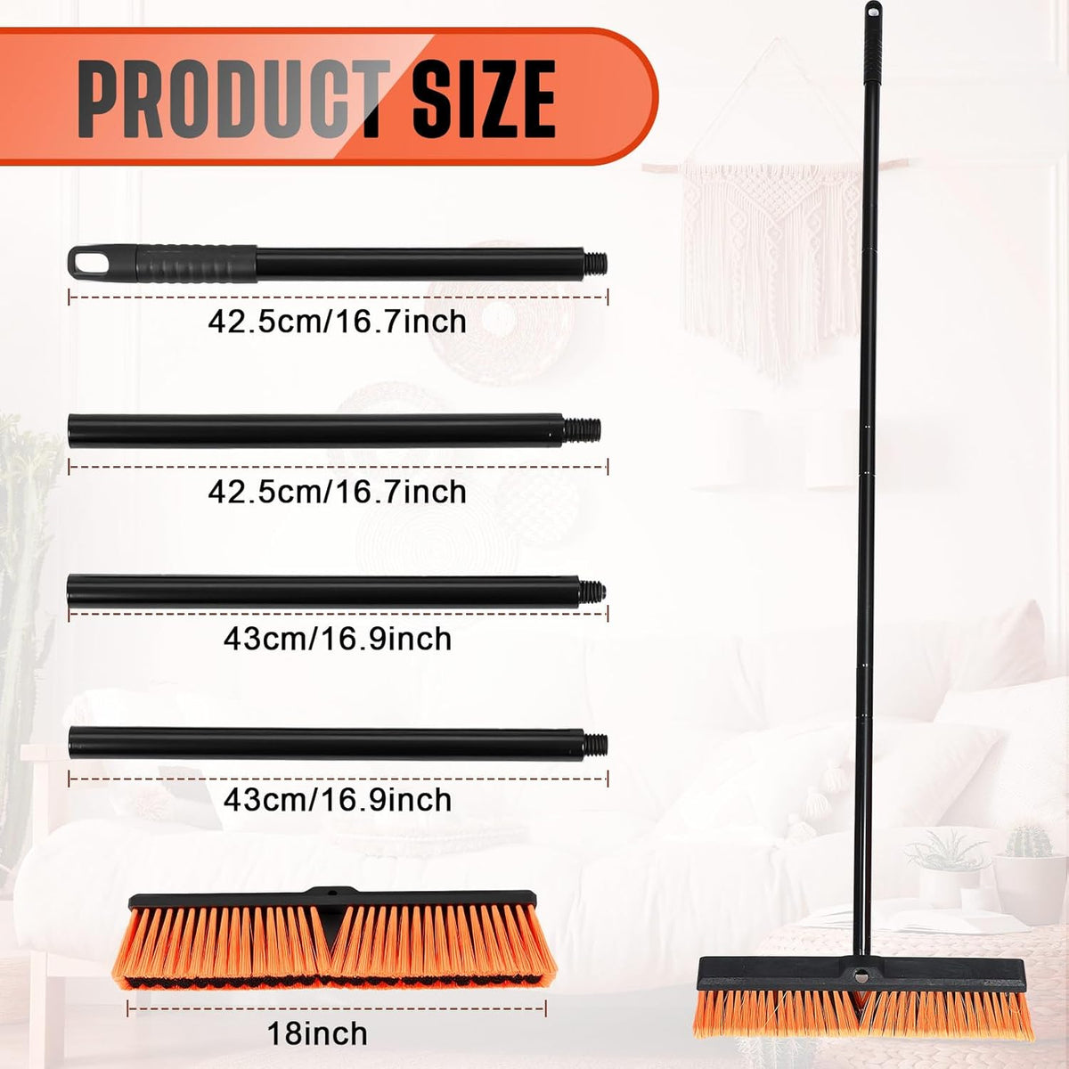 Zhehao 6 Pack 18 Inches Push Broom Outdoor, Multi Surface Garden Brush Broom with Adjustable 63" Long Handle for Deck, Driveway, Patio, Warehouse, Garage, Yard, Concrete Floor Cleaning (Orange)