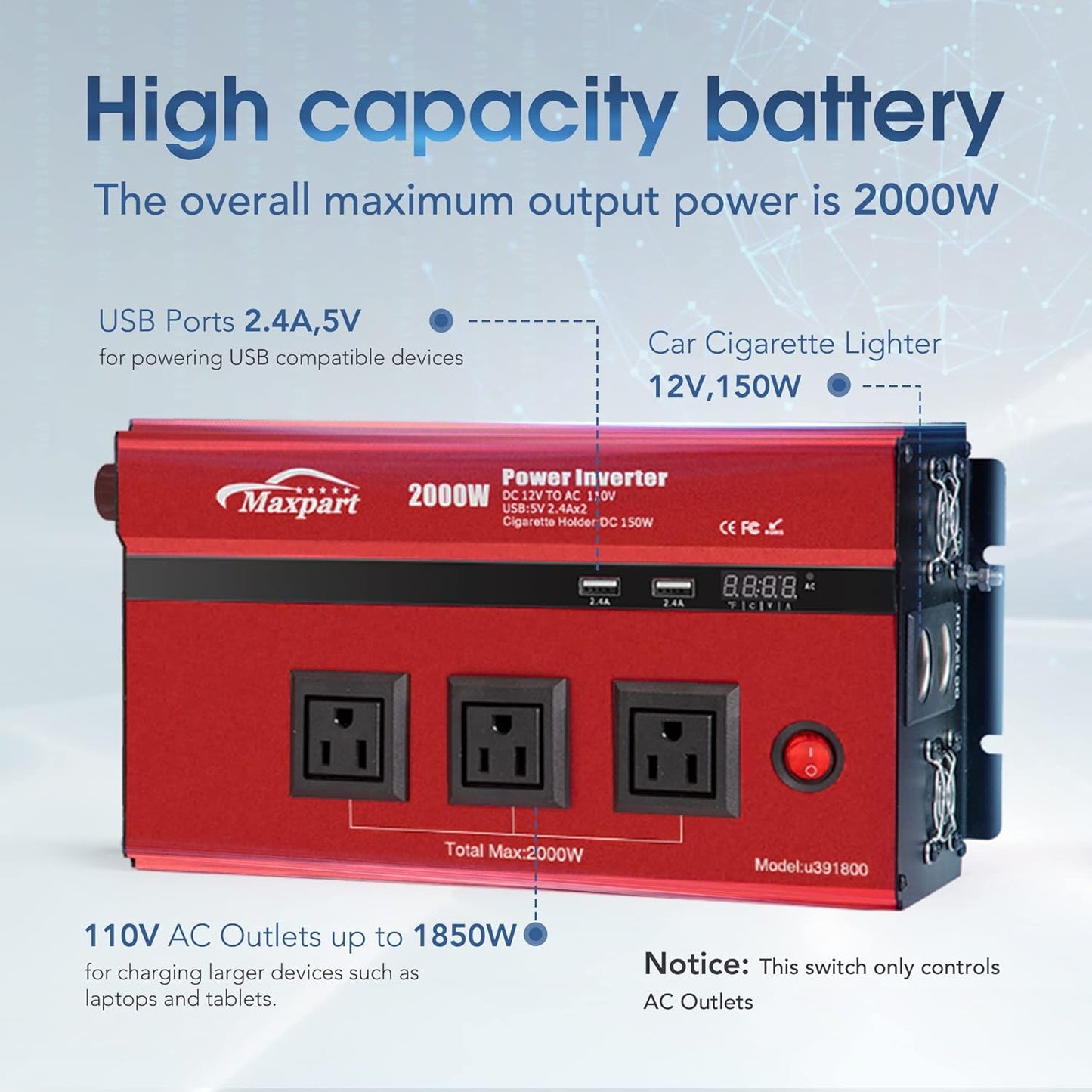 2000w Inverter 12v Car Power Inverters for Vehicles Truck with USB Charging Port,12v DC to 110v AC Inverter Converter with 3 AC Outlets 2000 Watt Invertor Solar Battery Inverter