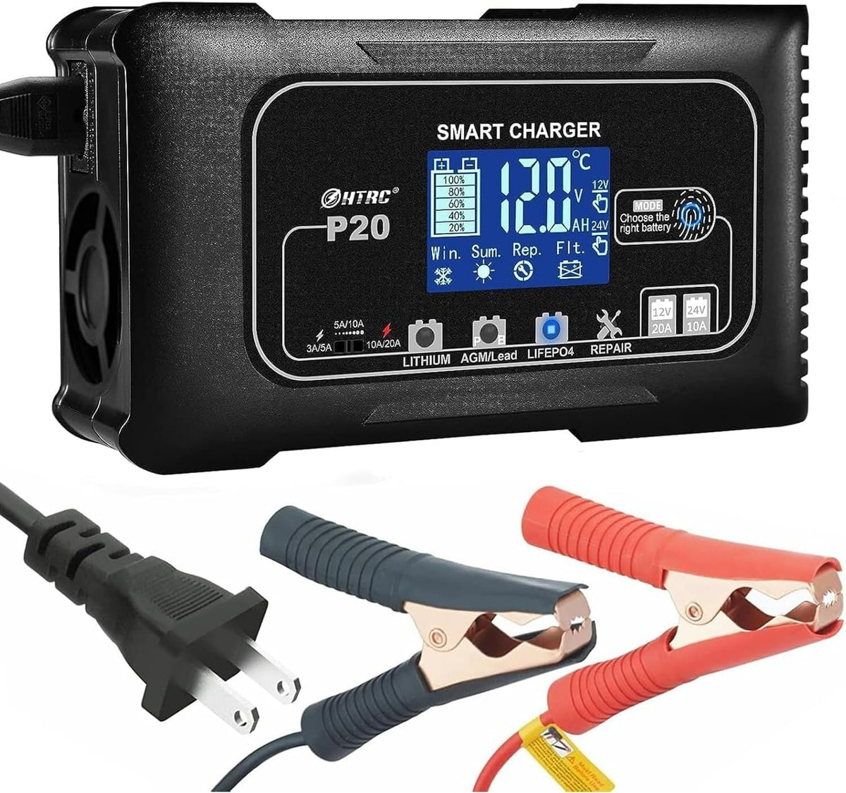 20Amp Lithium Battery Charger, 12V and 24V, Lifepo4, Lead-Acid (AGM/Gel/SLA.) Car Battery Charger, Maintainer Cycle Charger Trickle Charger Battery Desulfator for Boat, Motorcycle, Golf Cart