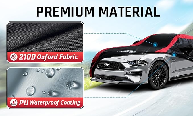Mustang Car Cover Waterproof All Weather with Red Strip Design, Custom Fit for Ford Mustang 1994–2025, Mustang Accessory with Door Zipper & Windproof Straps