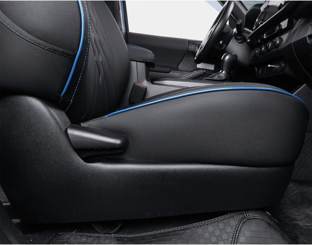 EKR Custom Fit Tacoma Car Seat Covers for Select Toyota Tacoma 2024 2025 Xtra Cab SR -Full Set,Leather (Black with Blue Trim)