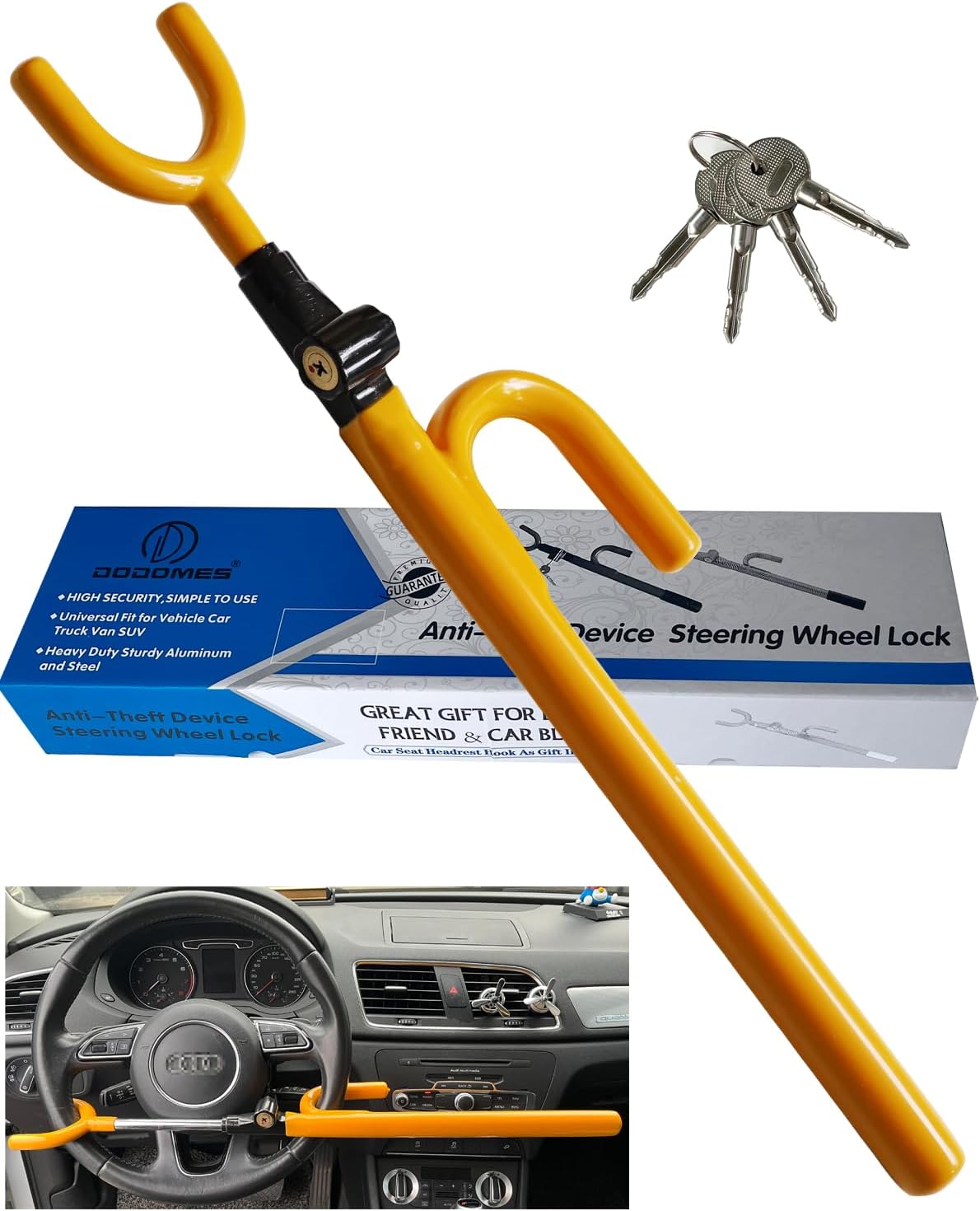 Steering Wheel Lock Anti-Theft car Device Car Wheel Locks Heavy Duty Vehicle Security Steering Wheel Lock for Truck Car Vehicles Van Lorry SUV with 4 Keys, Elongated Length MAX 30.5“ Yellow