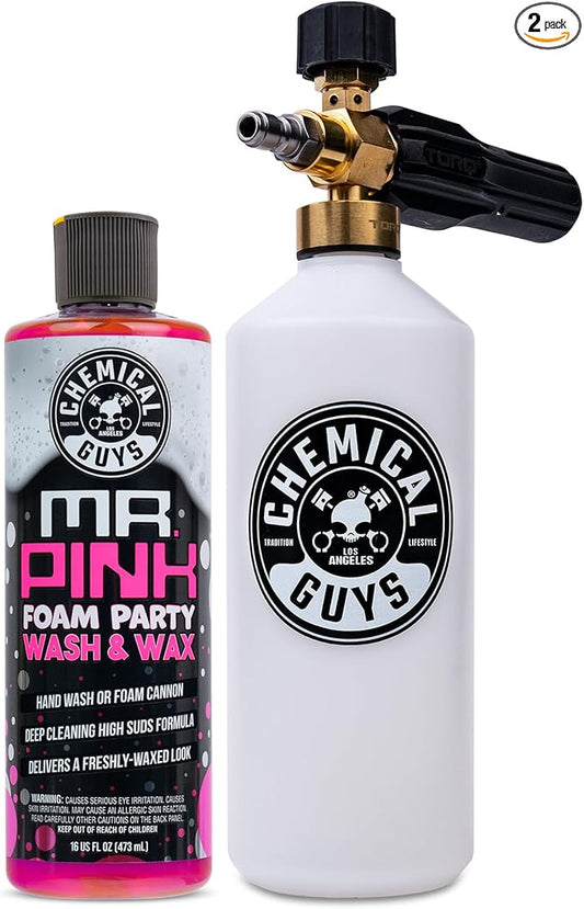 Chemical Guys EQP367 TORQ Professional Snow Foam Cannon Car Wash Snow Foamer + Mr. Pink Foam Party Wash & Wax 16 fl oz (Safe for Cars, Trucks, SUVs, RVs, & More) Works with Pressure Washer