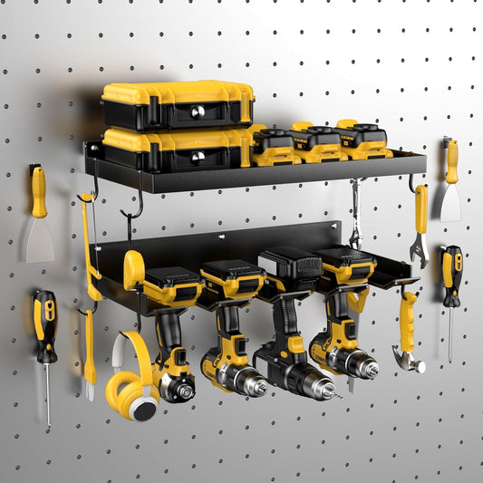 Power Tool Organizer Wall Mount with 4 Drill Holder, Formed Integrally Heavy Duty Garage Tool Organizers and Storage with Hooks for Battery, Tool Box, Screwdriver, Plier and Hammers Gifts for Men