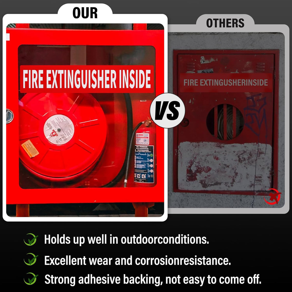 Madrigal Fire Extinguisher Inside Sticker Sign,4Pack 12x2.5" Self-Adhesive Vinyl, Weatherproof & UV Protected for Cars, Trailers, Rv's, Trucks and Vehicles, Red on White