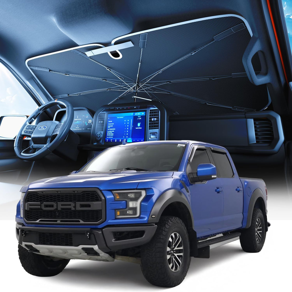 [2025 Upgraded] Weektic Truck Windshield Sun Shade for F-150/Silverado/Tundra/RAM 1500/Sierra - 5 Layers Ice Crystal Coating Blocks 99% UV, Cools Interior | 360° Swivel Handle for Easy Use