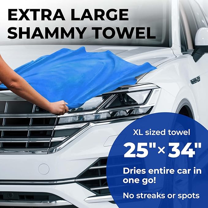 Premium XL Shammy Towel for Car - 2pk (34"x25") - Super Absorbent Chamois Cloth for Drying - Spots & Scratch-Free, Reusable