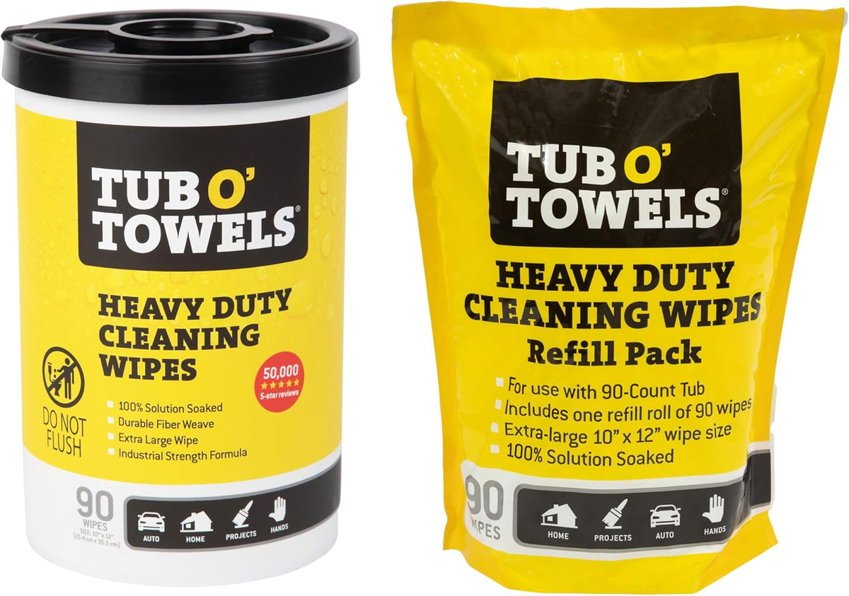 Tub O' Towels Heavy Duty, 10" x 12", Multi-Surface Cleaning Wipes, 90-Count Canister & Refill Pack, White