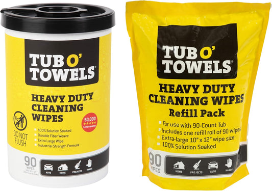 Tub O' Towels Heavy Duty, 10" x 12", Multi-Surface Cleaning Wipes, 90-Count Canister & Refill Pack, White
