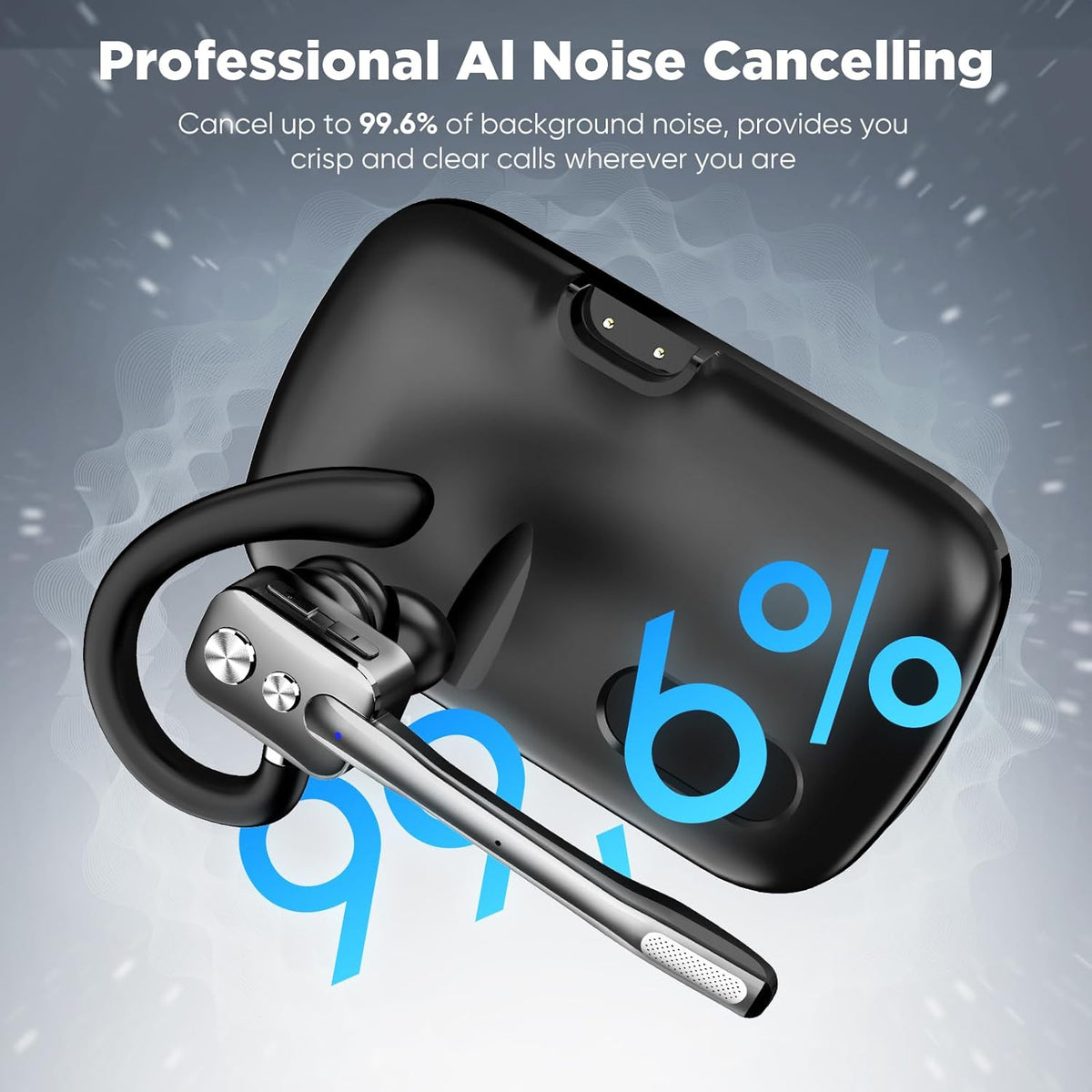 Bluetooth Headset, Wireless Bluetooth Earpiece with Dual-Mic & Noise Canceling, Single Ear Headset with Mute for Business, Remote Work, V5.3 Hand-Free headset for iOS Android Cell Phone (Gunmetal)