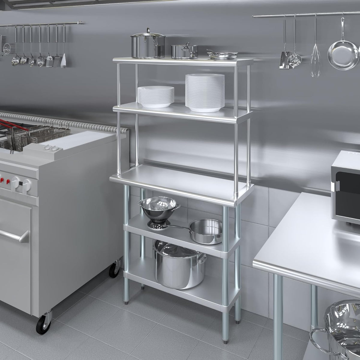 Amgood Stainless Steel Work Table with 2 Shelves | Metal Kitchen Prep Table & Shelving Combo (14" x 36" Table with 2 Shelves + 12" Overshelf)