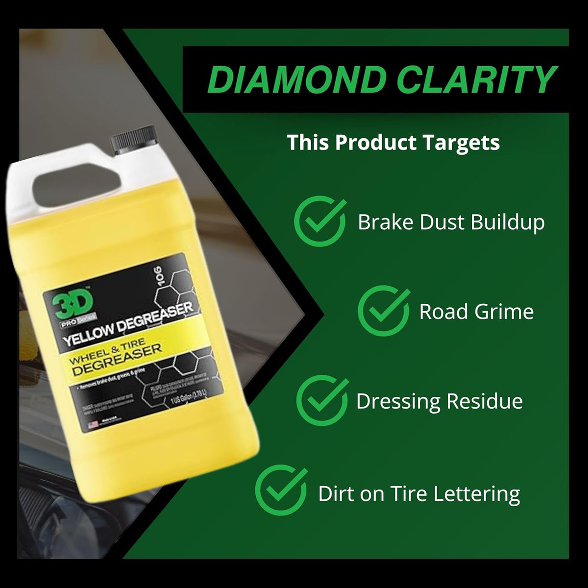 3D Yellow Degreaser – Non-Acid Wheel & Tire Cleaner Spray for Brake Dust, Grime & Tire Dressings – Safe for All Wheels & Whitewalls - 1 Gallon