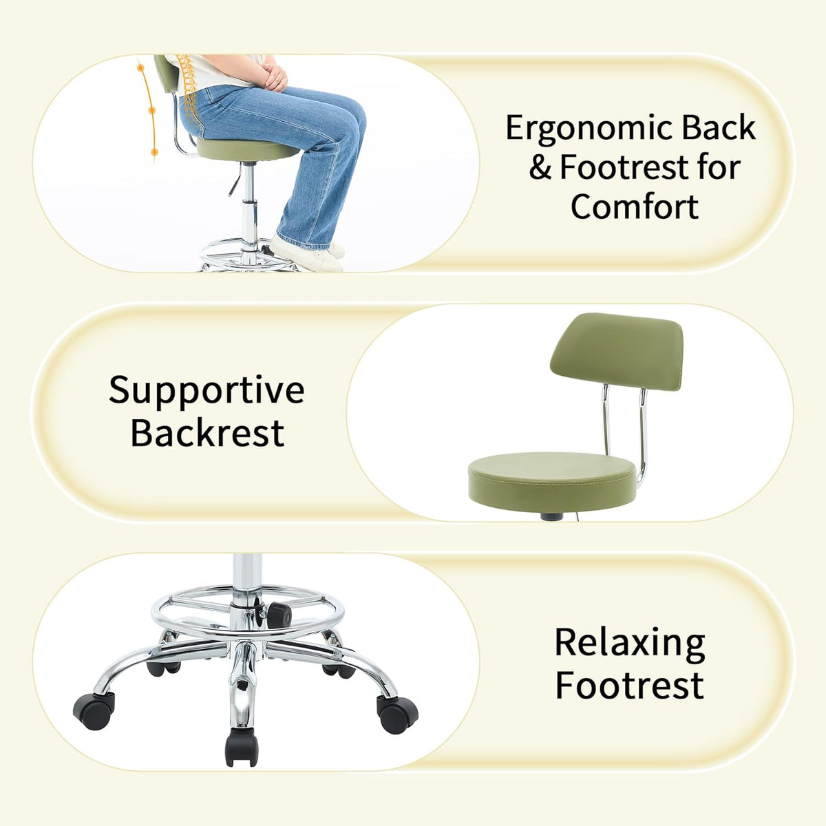 Height Adjustable Stool 19.5’’-26.6’’, Rolling Chair with Back and Footrest, Green Esthetician Stool Ergonomic (Green)