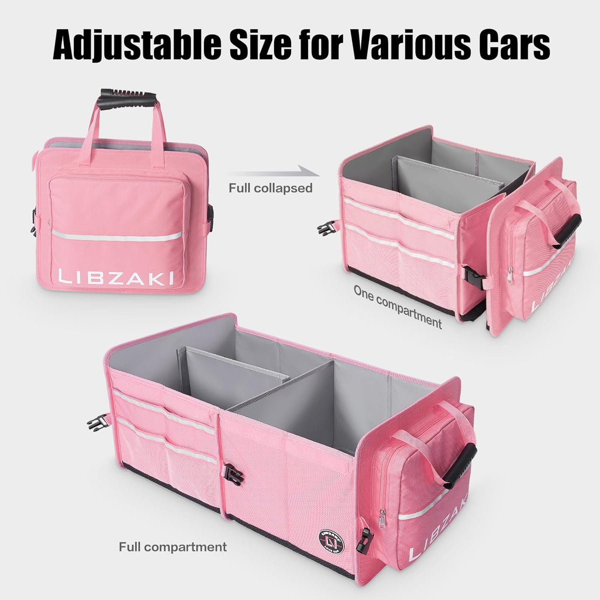 LIBZAKI Car Trunk Storage Organizer, Multi Compartment Collapsible Trunk Storage Box for Car Truck SUV-Pink