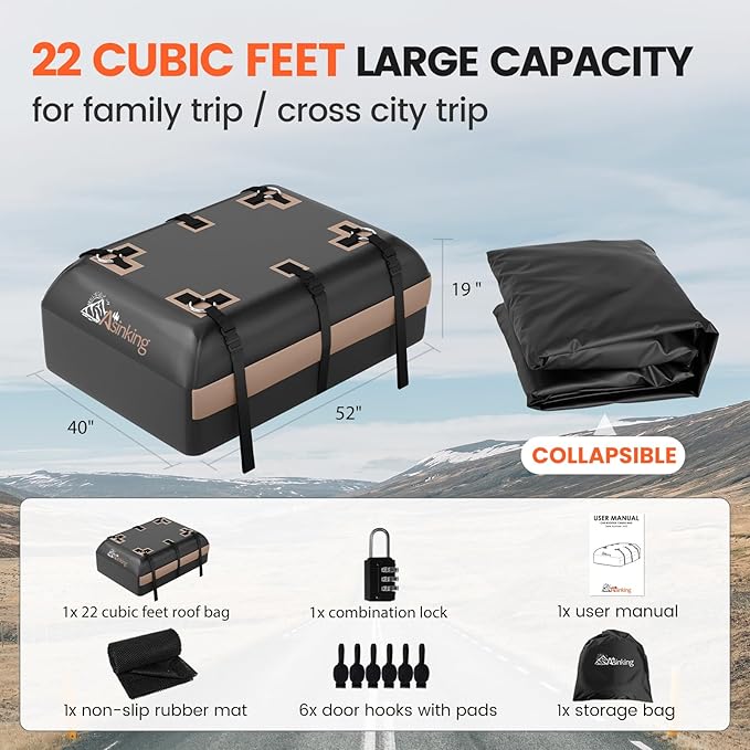 Asinking Car Rooftop Cargo Carrier Bag, 22 Cubic Feet Waterproof Roof Cargo Bag, 500Lbs Break Strength, Fit Vehicles with/Without Roof Rack, Includes Anti-Slip Mat, 6 Door Hooks, Luggage Lock