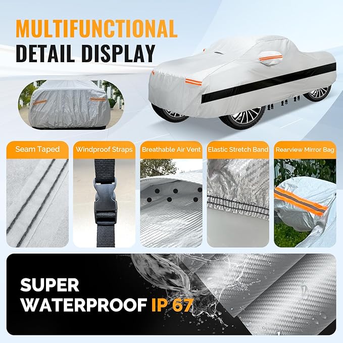 30 Layers Truck Car Cover for Automobiles All Weather Waterproof, Outdoor Snowproof UV Protection Windproof, Soft Cotton, Heavy Duty Universal Car Covers, (Silver, Fit Truck 211"-230")