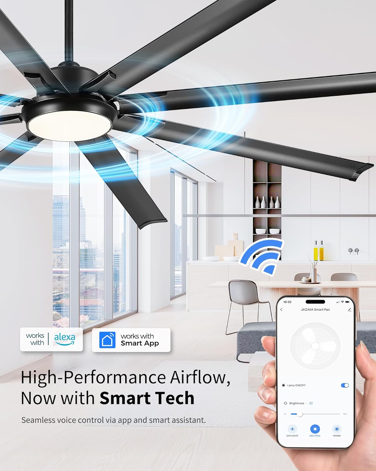 84 Inch Industrial Ceiling Fan with Light,Large Ceiling Fan with 8 Aluminum Blades,Work with Alexa,6-Speed Reversible DC Motor,3 CCT Settings,deal for Outdoor Spaces,CF04BK-84