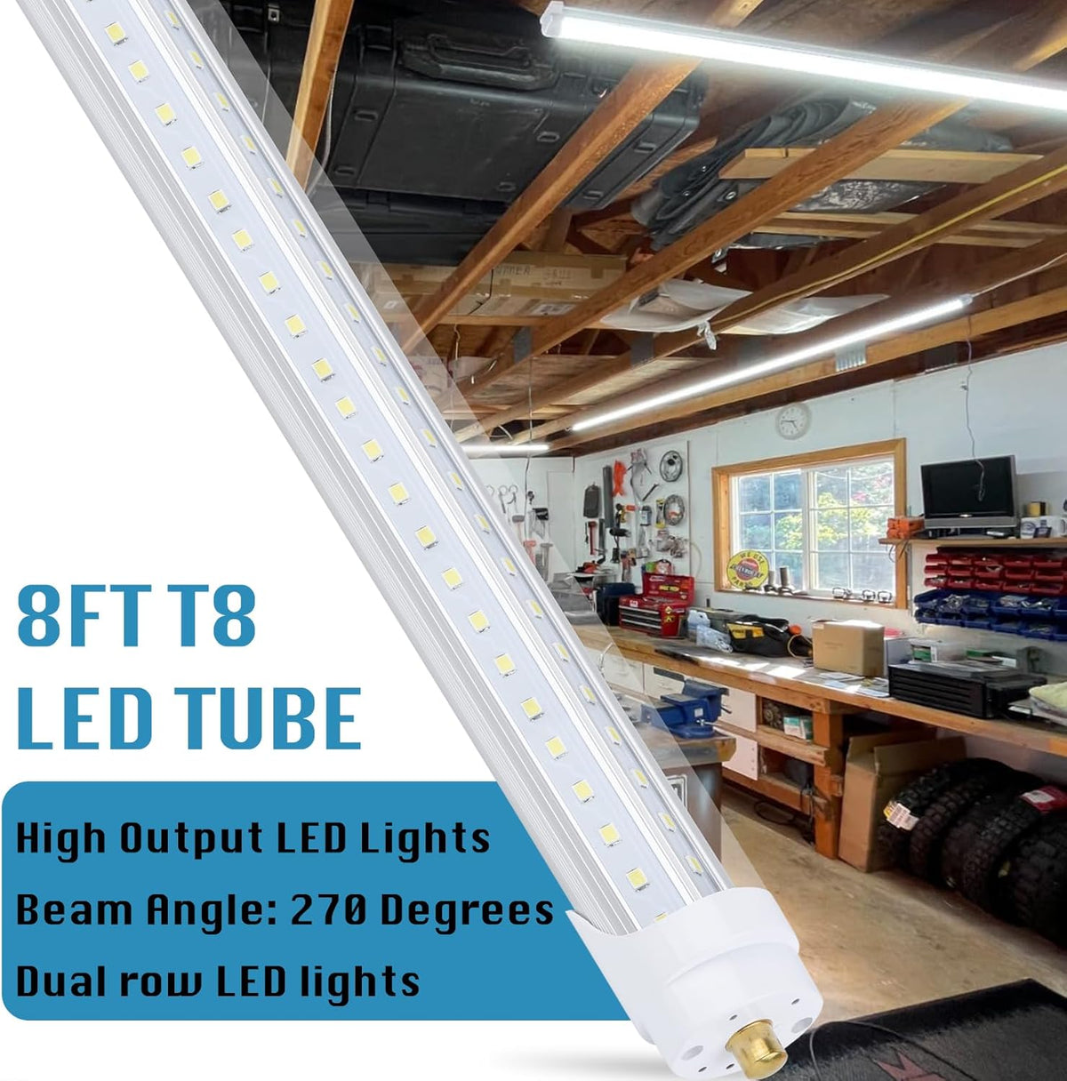 25 Pack, T8/T10/T12 8FT LED Tube Light, Single Pin FA8 Base, 100W 6000LM 6000K Cold White, 270 Degree V Shaped LED Fluorescent Bulb (200W Equiv.), Clear Cover, Dual-Ended Power