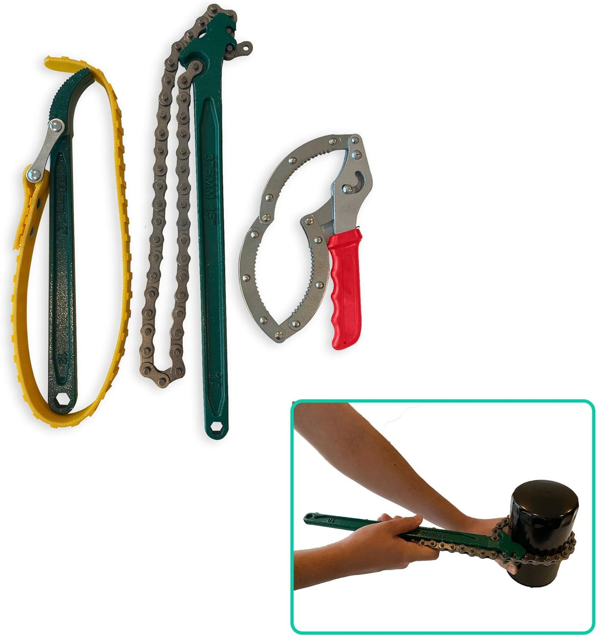 Rubber Strap Wrench - Oil Filter Wrench Set - 15 Inch Chain Wrench - Handcuff Wrench - Adjustable - Heavy Duty
