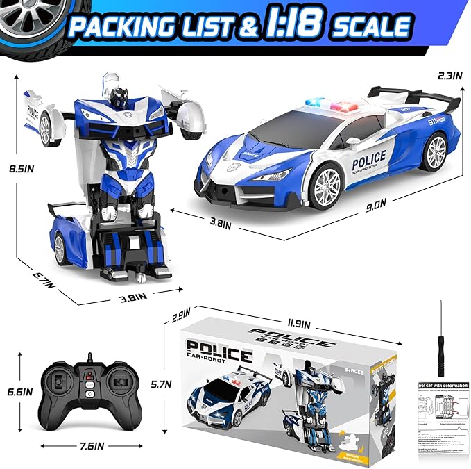 Remote Control Car for Boys 4-7, 2.4GHz RC Car 1:18 Scale, One-Button Transforming Toy with 360° Spins, LED Lights (Blue)