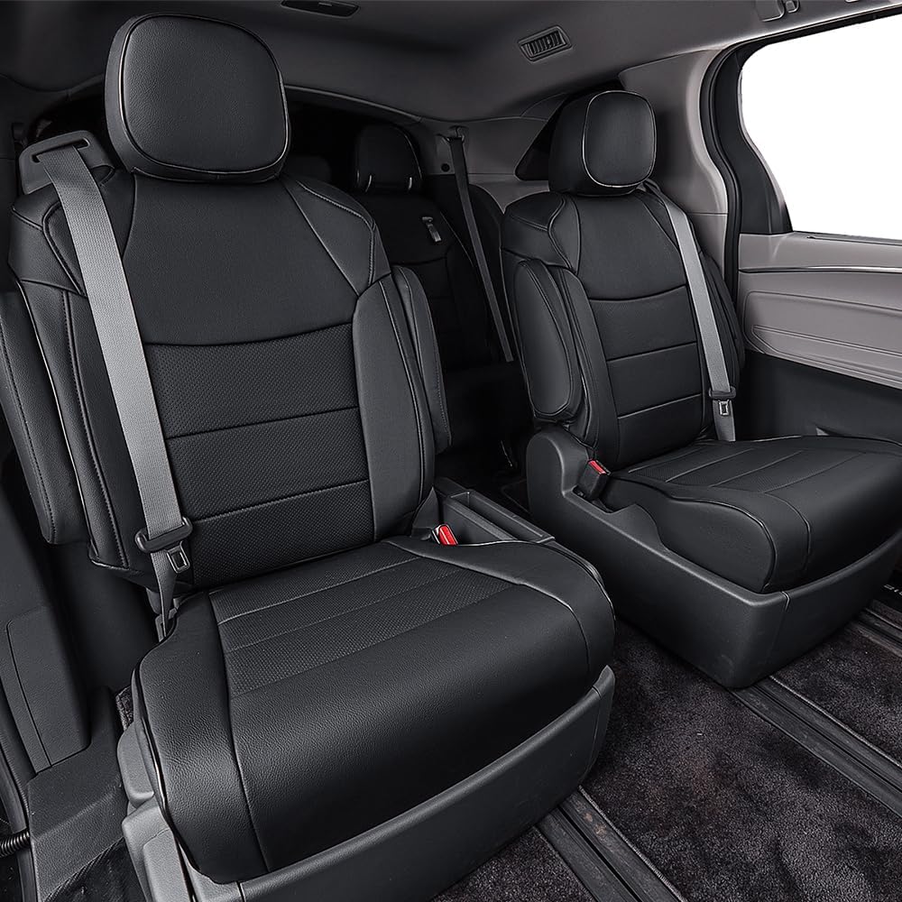 EKR Sienna Seat Covers for 2011-2020 Toyota Sienna L,LE,XLE,Limited,7 Seats,2nd Row Captain Seats W/NO Legrest,Waterproof Car Seat Cover Full Set,Car Seat Protectors- Three Row,Leather(Black)