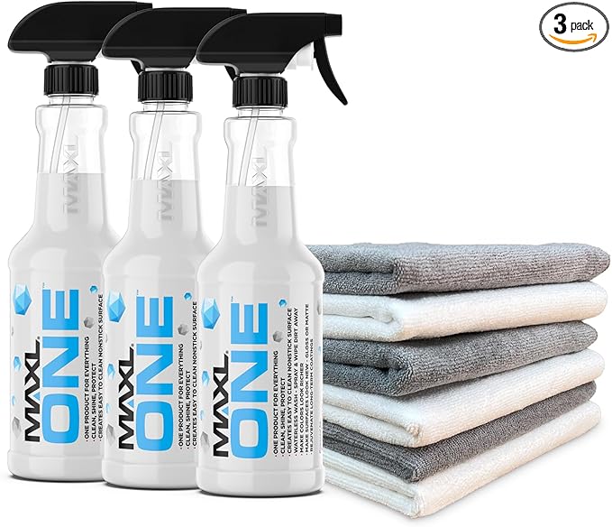 MAXLONE ™ Car Spray with Triphene® Technology, Quick Spray & Wipe All Purpose Waterless Detailer Clean, Shine, Protect Paint, Glass, Wheels, Trim Without Pre-Washing (3, 20oz w 6 Micro Fiber Cloth)