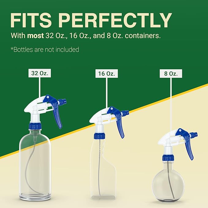 Spray Bottle Nozzle Replacement, Bottle Tops Only - Sprayer Nozzle Triggers for Heavy Duty, Commercial, Home Cleaning Solutions - Fits 8,16,24,32 oz Plastic & Glass Bottles, Blue 3 Pack