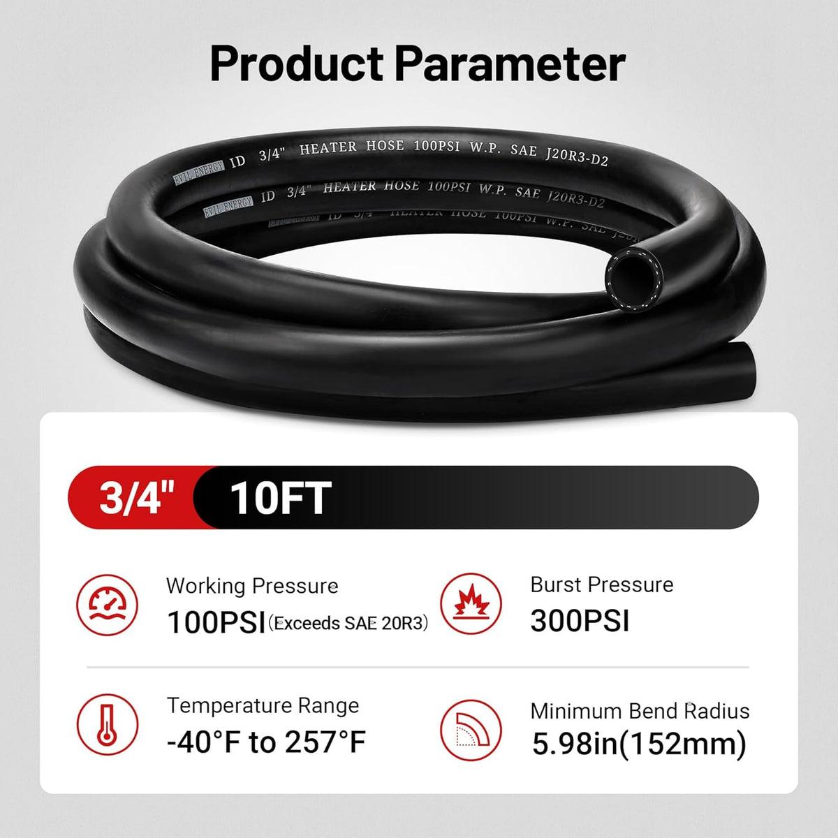 EVIL ENERGY 3/4" Heater Hose Coolant Radiator Straight 100PSI SAE 20R3 10FT Black
