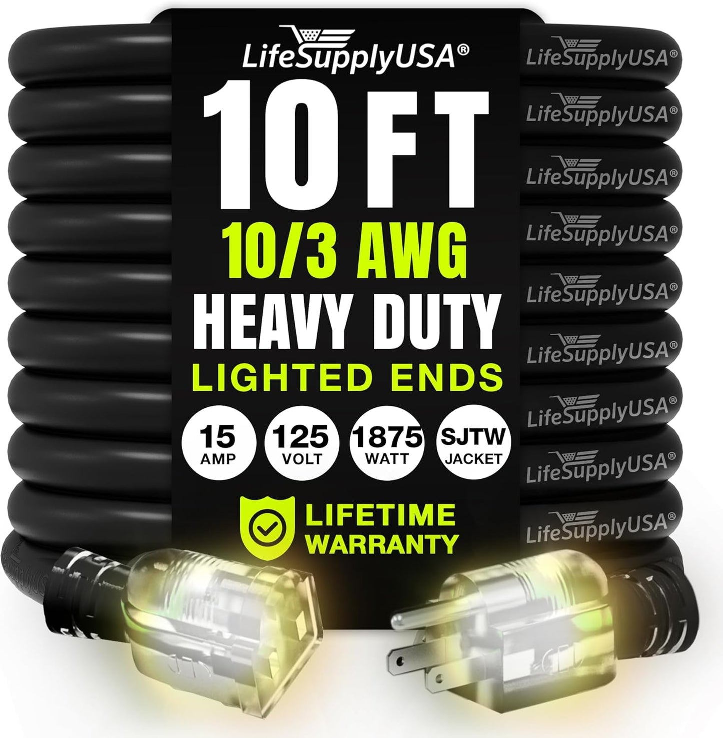 10ft Outdoor/Indoor Extension Cord 10/3 Gauge Ultra Heavy Duty 3 Prong SJTW, Waterproof, Flexible Cold-Resistant Long Power Cord,15A 125V 1875W, Black by LifeSupplyUSA