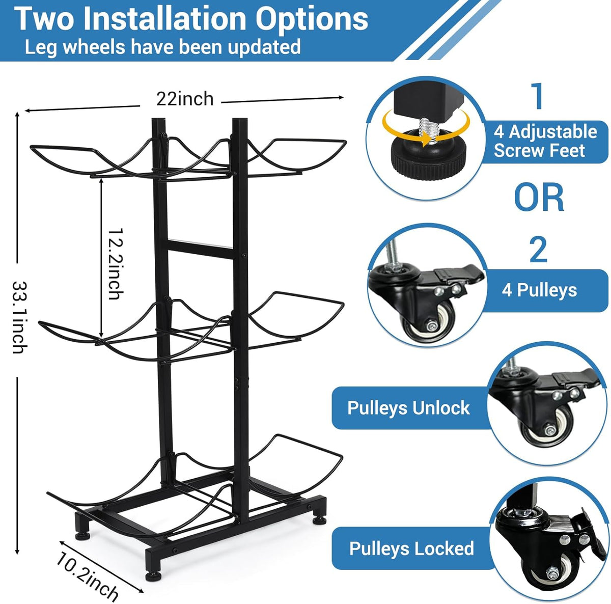 5 Gallon Water Jug Holder with 4 Wheels, Movable Heavy Duty Foldable Water Jug Stand 3-Tier 5 Gallon Water Bottle Holder Water Cooler Jug Storage Rack for 6 Bottles(Black)